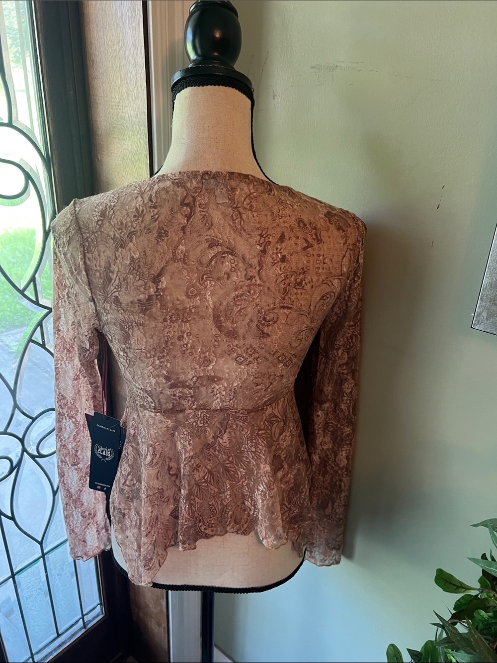 Madden Girl Taupe Lace-Texture Deep V Tie-Front Blouse - Picture 4 of 7